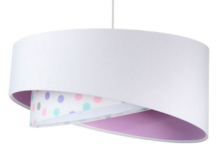 Biała lampa wisząca, welurowa, z asymetrycznym abażurem w pastelowe kropki z liliowym wnętrzem BELLA