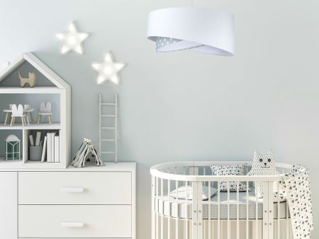 Biało-szara lampa wisząca o asymetrycznym kształcie z welurowym abażurem w białe gwiazdki TIANA