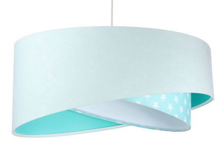Biała lampa wisząca z welurowym, asymetrycznym kloszem w białe gwiazdki na miętowym tle MELODIA MIX