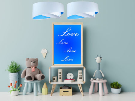 Biało-niebieska lampa wisząca o asymetrycznym kształcie z welurowym abażurem w niebieskie gwiazdy ALLIA