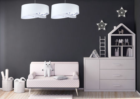 Biała lampa wisząca z welurowym kloszem w granatowe gwiazdki, asymetryczna ABELLA MIX