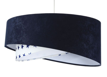Granatowo-biała lampa wisząca z asymetrycznym kloszem z weluru w granatowe gwiazdki ABELLA MIX