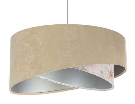Beżowo-srebrna lampa wisząca asymetria z welurowym abażurem w delikatny, kwiatowy wzór DEVI