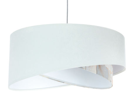 Biała lampa wisząca z welurowym, asymetrycznym kloszem w białe i szare kwiaty z dodatkiem złota NINARIKA