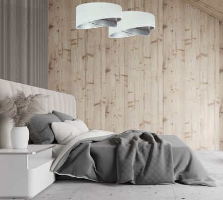 Biało-brązowa lampa wisząca o asymetrycznym kształcie z welurowym abażurem ze srebrnym wnętrzem AKITO