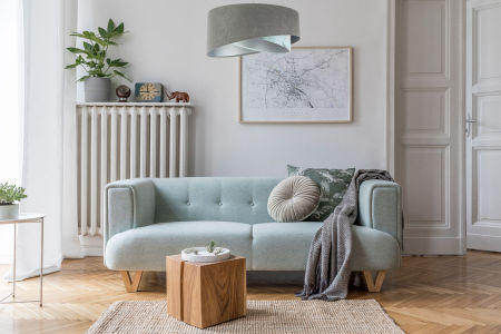 Szaro-srebrna lampa wisząca asymetria z welurowym abażurem w artystyczny, błękitny wzór BREA