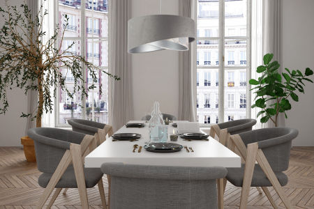 Szara lampa wisząca z okrągłym, asymetrycznym kloszem z weluru w szare i białe kwiaty ze srebrnym wnętrzem ANKORA