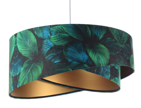 Czarno-złota lampa wisząca z asymetrycznym kloszem z weluru w ciemnozielone i turkusowe liście JUNGLE