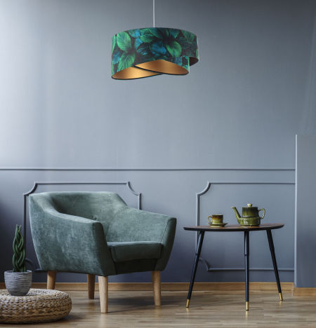 Czarno-złota lampa wisząca z asymetrycznym kloszem z weluru w ciemnozielone i turkusowe liście JUNGLE