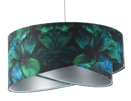 Czarno-srebrna lampa wisząca z okrągłym, asymetrycznym kloszem z weluru w ciemnozielone i turkusowe liście JUNGLE
