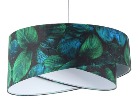 Czarno-biała lampa wisząca asymetria z welurowym abażurem w ciemnozielone i turkusowe liście JUNGLE