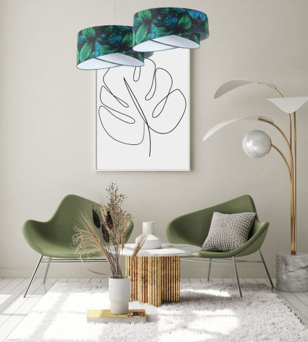 Czarno-biała lampa wisząca asymetria z welurowym abażurem w ciemnozielone i turkusowe liście JUNGLE