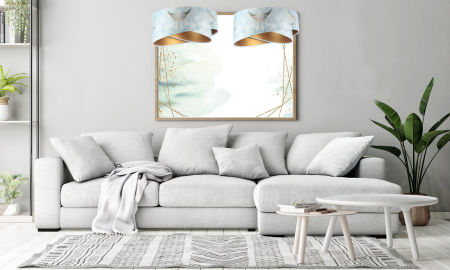 Błękitno-biała lampa wisząca o asymetrycznym kształcie z welurowym abażurem ze złotym wnętrzem ICE