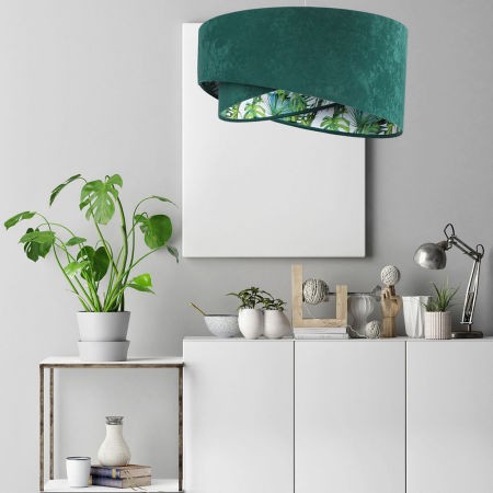 Zielono-biała lampa wisząca z welurowym kloszem z białym wnętrzem w liście palmy i monstery, asymetryczna UTALIKA