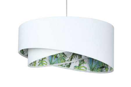 Biała lampa wisząca z asymetrycznym kloszem z weluru z wnętrzem w zielone liście palmy i monstery UTALIKA