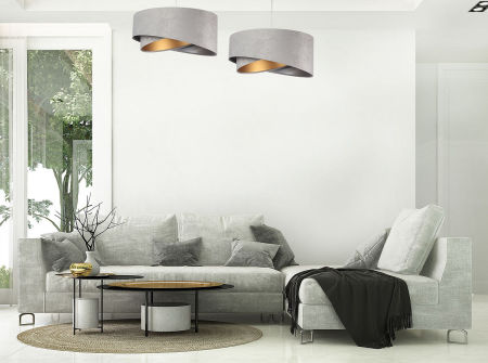 Szara lampa wisząca z welurowym, asymetrycznym kloszem ze złotym i srebrnym wnętrzem SILE