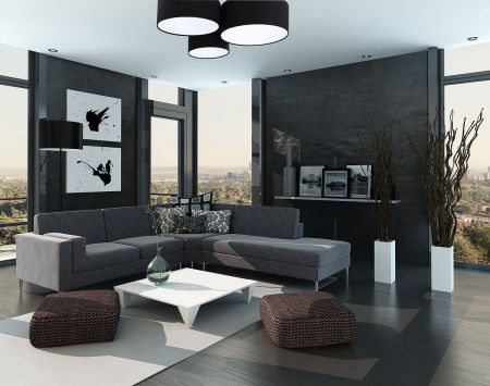 Czarna lampa sufitowa z walcowymi abażurami z weluru w różnych rozmiarach z białym wnętrzem FLOJD