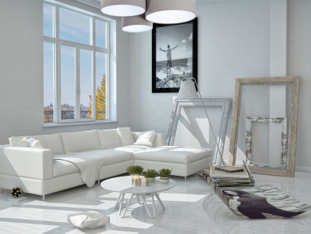 Szara lampa sufitowa, plafoniada w kształcie walca z abażurami z weluru z białym wnętrzem BLER