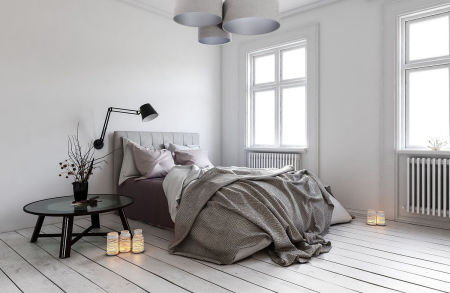 Szara lampa sufitowa z kloszami z weluru w kształcie walca ze srebrnym wnętrzem, plafoniada BLER