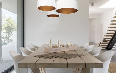 Biała lampa sufitowa, walcowa plafoniada z welurowymi abażurami ze złotym wnętrzem BEVIN