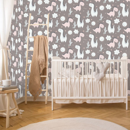 Dziecięca tapeta zakochane dinozaury, miętowe i różowe, wygrzewające się w pełnym słońcu