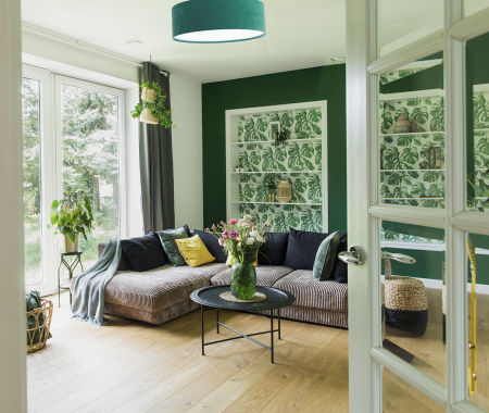 Zielona lampa sufitowa z okrągłym, walcowym abażurem z weluru, plafon ROWEL