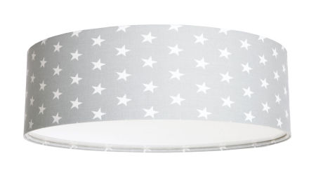 Szara lampa sufitowa z okrągłym, walcowym abażurem z weluru w białe gwiazdki, plafon LEOŚ