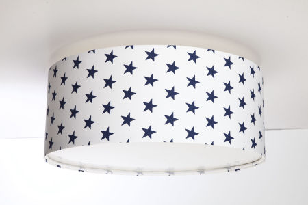 Biała lampa sufitowa, plafon z weluru z walcowym, okrągłym abażurem w granatowe gwiazdki KUBUŚ
