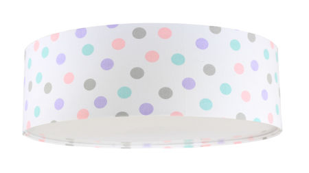 Biała lampa sufitowa, okrągły plafon z walcowym, welurowym abażurem w kolorowe kropki FELUŚ