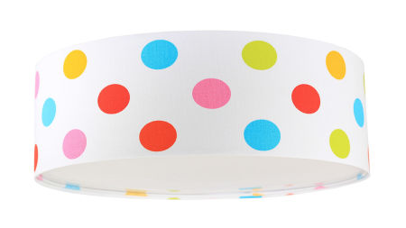 Biała lampa sufitowa, walcowy plafon z okrągłym abażurem z weluru w kolorowe grochy MACIUŚ