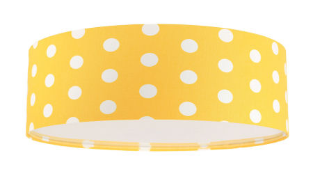 Żółta lampa sufitowa z okrągłym, walcowym abażurem z weluru w białe kropki, plafon GUCIO