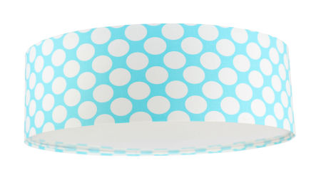 Niebieska lampa sufitowa z kloszem z weluru w kształcie walca w białe kropki, plafon STAŚ