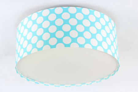 Niebieska lampa sufitowa z kloszem z weluru w kształcie walca w białe kropki, plafon STAŚ
