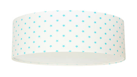 Biała lampa sufitowa, plafon w kształcie walca z abażurem z weluru w błękitne kropeczki