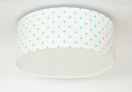 Biała lampa sufitowa, plafon w kształcie walca z abażurem z weluru w błękitne kropeczki