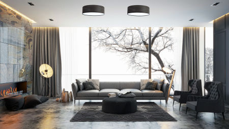 Czarna lampa sufitowa z okrągłym, walcowym abażurem ze strukturalnej tkaniny o naturalnym wyglądzie ze srebrną nitką EDO