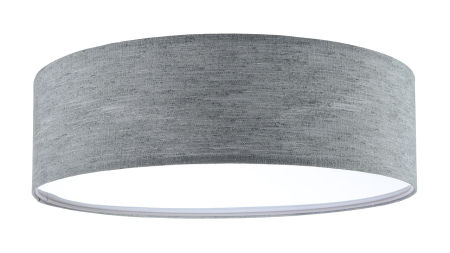 Szara lampa sufitowa, plafon w kształcie walca z abażurem z tkaniny o lnianej strukturze MURII