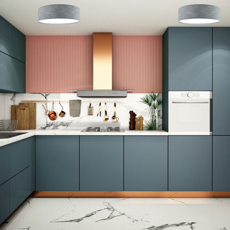 Szara lampa sufitowa, plafon w kształcie walca z abażurem z tkaniny o lnianej strukturze MURII