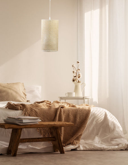 Naturalna, boho lampa wisząca z abażurem z rattanu w kształcie walca ROTANG TUBA