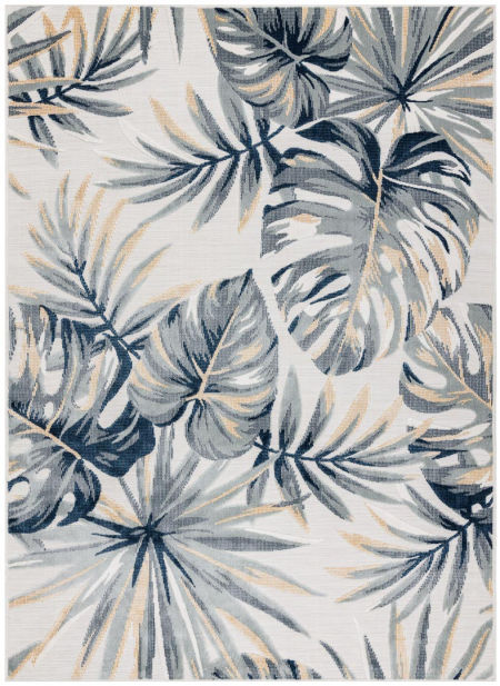 Dywan w liście palmy i monstery szare, niebieskie, żółte, roślinny do domu i na taras