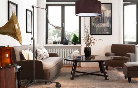 Brązowo-biała lampa wisząca z welurowym, walcowym kloszem DALIA