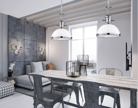 Lampa wisząca biała ETTORE przemysłowa metalowa kopuła z dodatkiem chromu