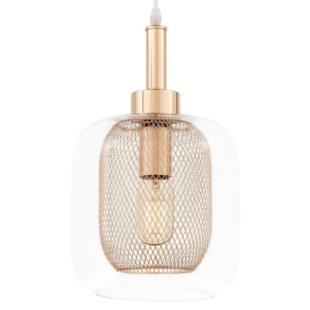 Modna loftowa lampa wisząca zwis BESSA ZŁOTA metalowa siateczka, przezroczyste szkło