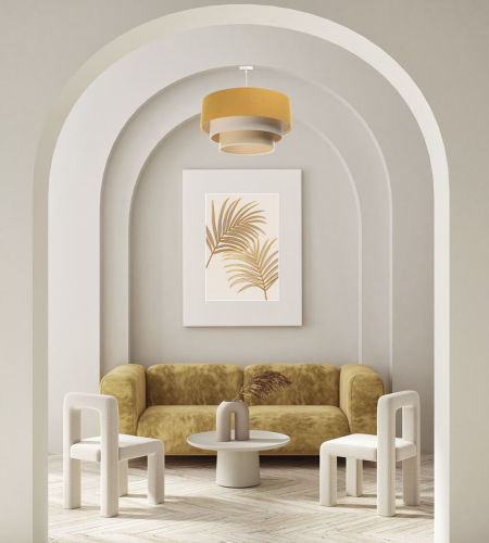 Musztardowo-kremowa lampa wisząca z walcowymi abażurami z lnu i apli z beżowym wnętrzem BOHO