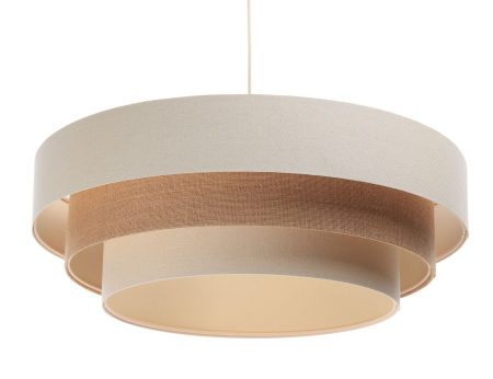 Kremowo-beżowa lampa wisząca z kaskadowo ułożonymi kloszami z lnu i tkaniny jutowej w kształcie walca BOHO