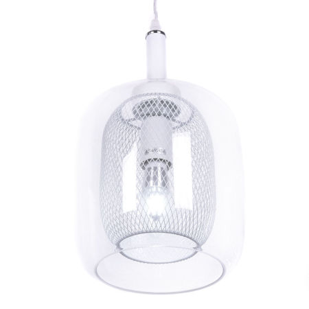 Lampa biała szklana wisząca skandynawska zwis BESSA metalowa siateczka, klosz, nowoczesny design