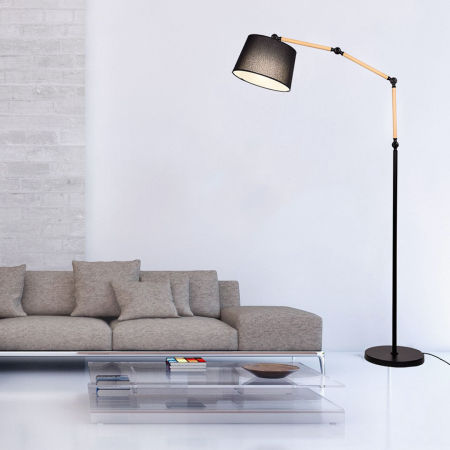 Lampa podłogowa skandynawska czarny abażur, ramię imitacja drewna CORSUS