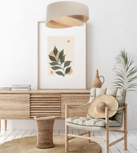 Kremowa lampa wisząca z walcowymi, asymetrycznymi abażurami z lnianej tkaniny BOHO