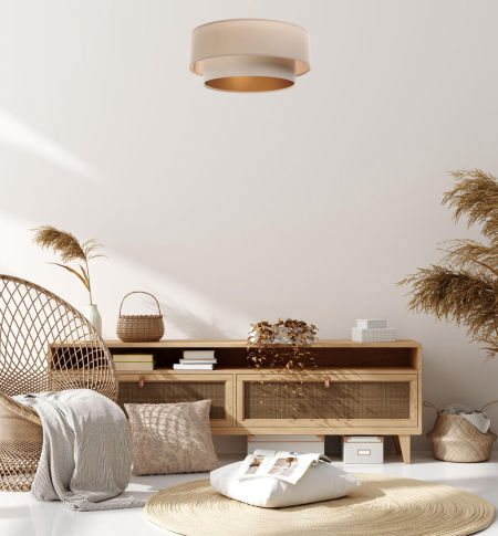 Kremowa lampa wisząca z abażurami w kształcie walca z lnu ze złotym wnętrzem, podwójna BOHO