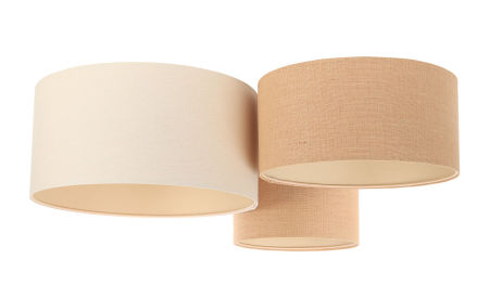 Beżowo-kremowa, potrójna lampa sufitowa z walcowymi abażurami z lnianej i jutowej tkaniny BOHO